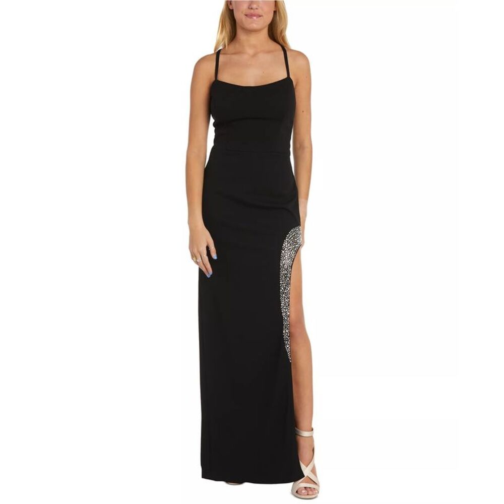 Nightway Womens Rhinestone Trim Sheath Dress, Black, 14, DM